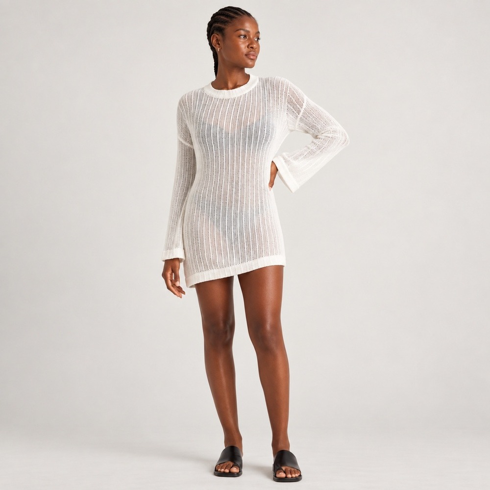 Quince White 100% Organic Cotton Mesh Crewneck Sweater Tunic M cover open knit